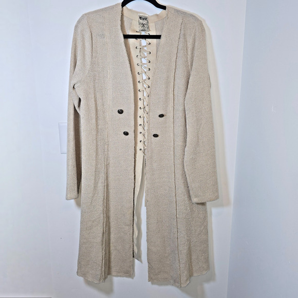VOCAL USA Open Long Cardigan Size XL Beige Faux Suede Lace Up Duster Boho - Picture 1 of 8